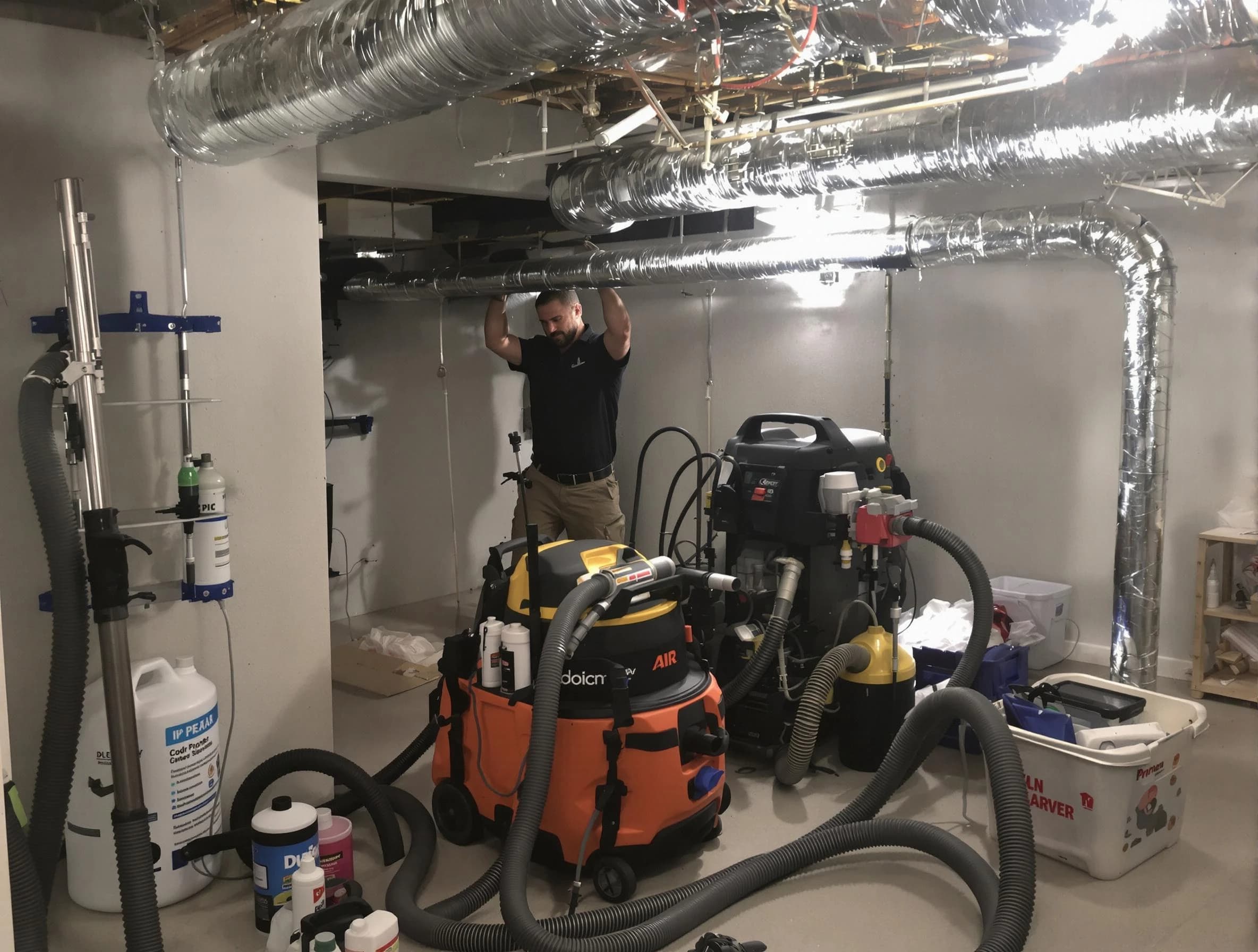 La Cienega Air Duct Cleaning specialist performing professional mold removal from air ducts using safety equipment in La Cienega
